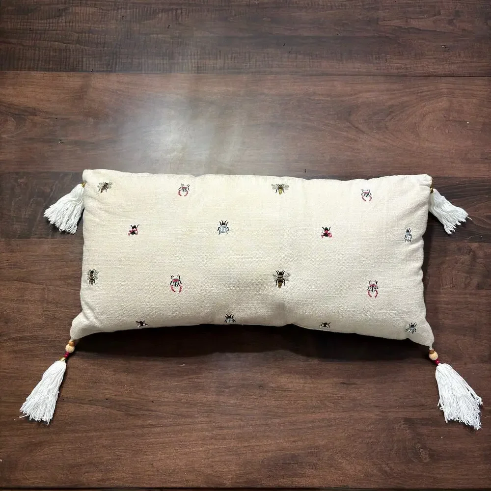 Bug Insect Butterfly Embroidered Pillow w/ Tassels, Beetles, Bees, ladybugs 22